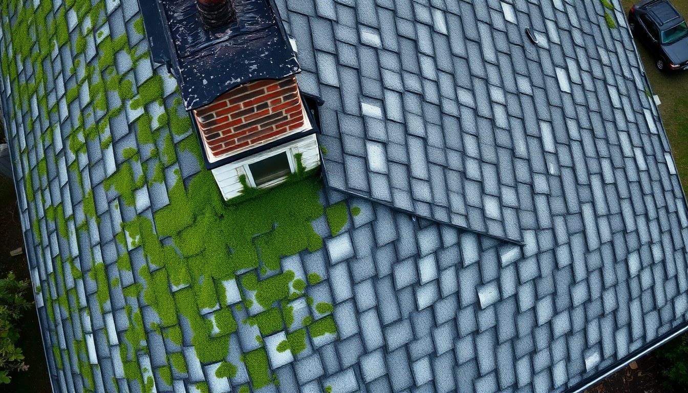 Neglected roof with moss and cracked shingles before replacement