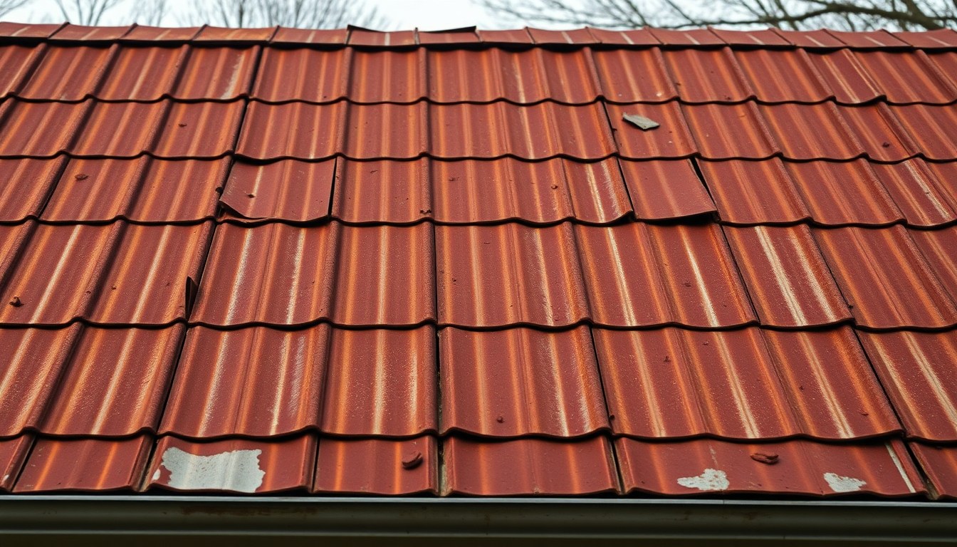 Deteriorating metal roof with rust before replacement