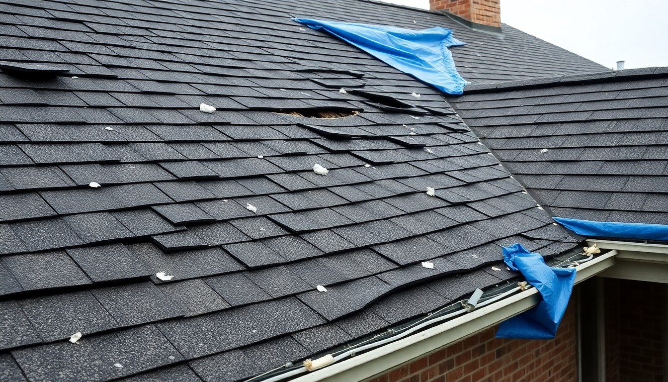 Storm-damaged roof with missing shingles and emergency tarp