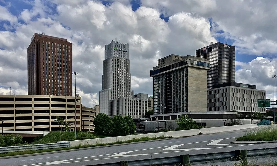 Akron, Ohio: Downtown skyline as seen from Ohio & Erie Canalway at Martin Luther King Boulevard, Akron, Ohio - 20200530