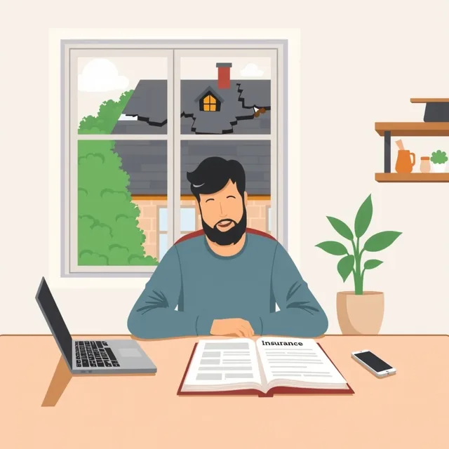 Illustration of a homeowner at a table reading an insurance policy, with a damaged roof visible through the window
