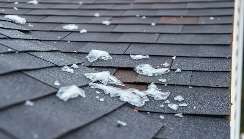 Hail-bruised asphalt shingles — the kind of damage to look for after a storm near Monroe; example photo, not a Monroe roof