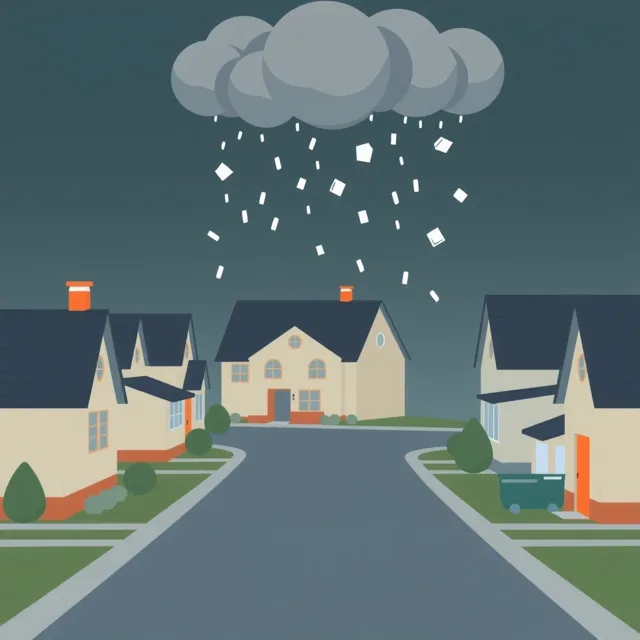 Illustration of a suburban street with hailstones falling from a dark cloud onto shingle roofs